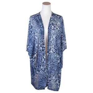 Joie de Vivre 1X Navy Blue Floral Print Kimono Cardigan Open Front Sheer